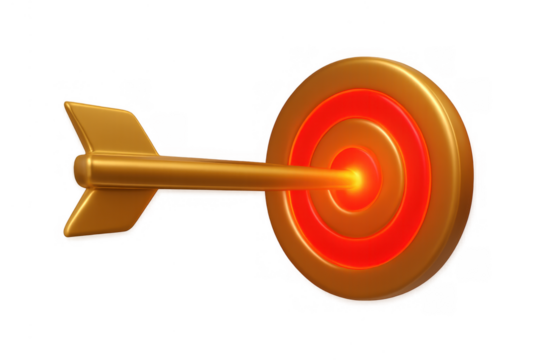 Golden arrow hitting bullseye, achieving success and business goals, reaching targets with precision on transparent background