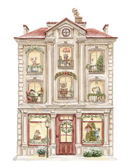 Vintage cartoon cute composition with house decorated for Christmas and animals in clothes characters inhabiting them isolated on white background. Watercolor and pencil hand drawn illustration sketch