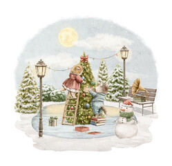 Vintage cartoon  cute cat kittens animals in clothes decorate Christmas tree in winter landscape park with ice rink isolated on white background. Watercolor and pencil hand drawn illustration sketch