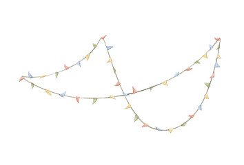 Watercolor vintage Christmas festive strings of triangular bunting colorful flags on rope isolated on white background. Watercolor and pencil hand drawn illustration sketch