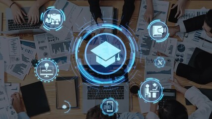 Online education icons show e-learning, online education classes, and digital study. Online education enables global online education access, flexible learning. Funnel - Powered by Adobe