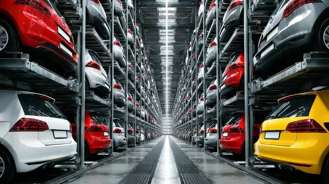 Modern Car Storage Facility: Rows of New Automobiles Parked on Multi-Level Racks in a Brightly Lit Warehouse