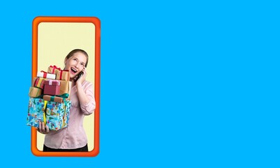 Young woman holds Christmas gift boxes