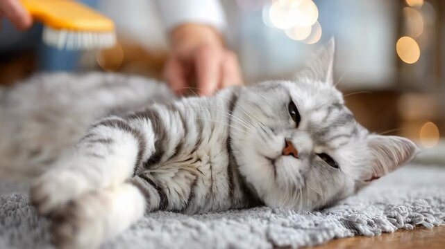 Woman brushing a striped cat with an orange comb. Pet care and grooming concept. Domestic animal hygiene.