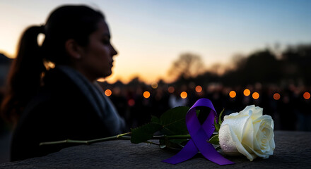 International day for the elimination of violence against women woman at vigil with purple ribbon and white rose at dusk