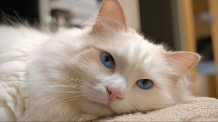 Obraz premium A fluffy white cat with bright blue eyes lies comfortably on a soft surface. The setting is indoors, giving a warm and inviting atmosphere during daytime.