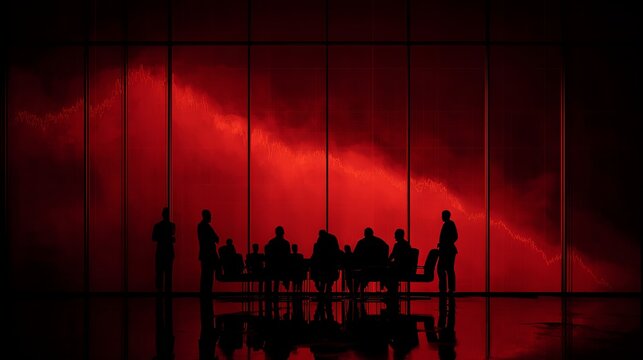 Urgent meeting amid dramatic market crash with concerned business team in silhouette against a red financial graph backdrop in a modern office