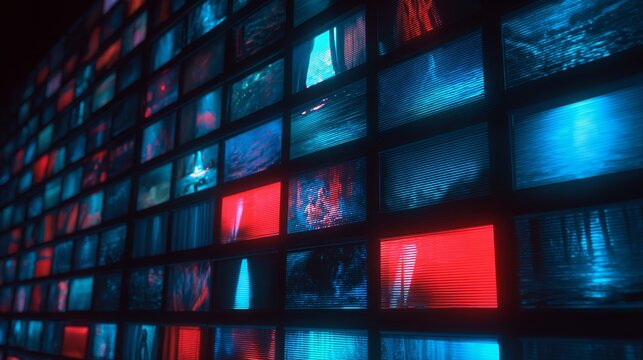 Neon surveillance wall glows with vibrant blue and red hues, perfect for futuristic tech, cybersecurity, or data stream concepts and modern designs - Powered by Adobe
