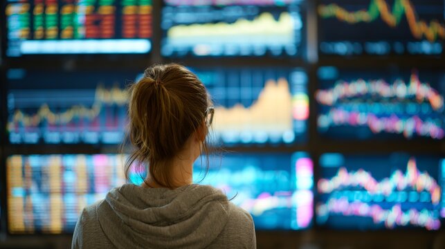 Intense market analysis as focused trader monitors vibrant stock charts for financial gains, investment strategy, and data driven decisions