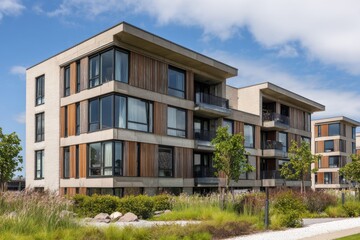 Fototapeta premium Modern apartment buildings showcase contemporary architecture in a tranquil urban setting with lush landscaping and clear blue skies during daylight