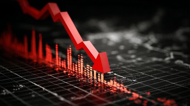 Dramatic red arrow plunges on stock market chart, signaling sharp decline and financial crisis in a volatile economy, great for business concepts