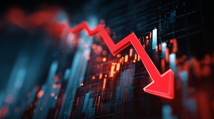 Dramatic red arrow plummeting against a stock market backdrop signals economic downturn and financial loss for investment firms and global markets