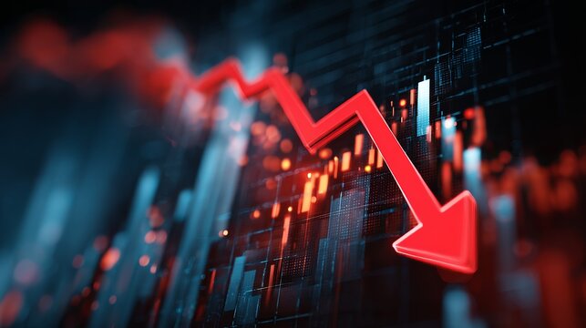 Dramatic red arrow plummeting against a stock market backdrop signals economic downturn and financial loss for investment firms and global markets