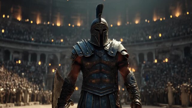 Gladiator in Arena, Ready for Combat, Ancient Rome, Full Armor, Crowd Watching, Epic Battle, Historical Warrior, Dramatic Lighting, Determination, Strength, Power, Courage, Victory