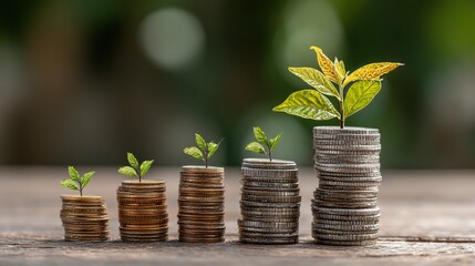 Watch your investments grow steadily like these plants emerging from stacked coins, showcasing financial growth and smart investment strategies