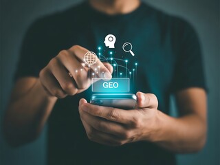 Generative Engine Optimization (GEO) concept. Businessman use generative engine optimization on smartphone for view search results from internet network