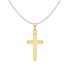 Elegant golden cross pendant necklace on silver chain against a plain surface