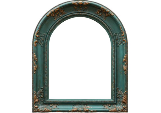 Ornate teal picture frame PNG isolated on transparent background, vintage style decorative element for graphic design and photo editing