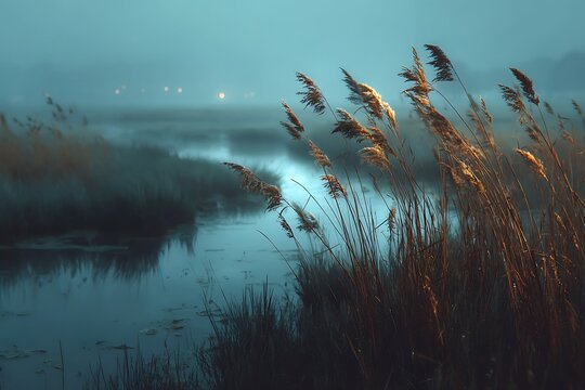Golden reeds swaying in misty wetland at dawn with soft fog, calm water and atmospheric natural light