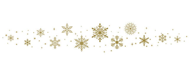 Golden snowflake border with shiny decorative elements, elegant festive winter divider of metallic snowflakes and stars for Christmas or New Year design
