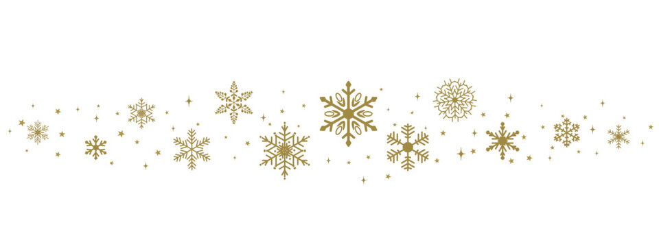 Golden snowflake border with shiny decorative elements, elegant festive winter divider of metallic snowflakes and stars for Christmas or New Year design