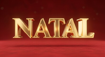 Letreiro 3D dourado “Natal” com fundo vermelho elegante e iluminação suave natalina