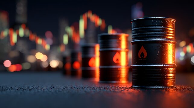 Crude oil barrels reflecting stock market volatility against a dark background, perfect for financial analysis and energy sector reports