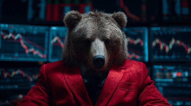 Intense bear market trader watches stocks plummeting in financial crisis, wearing a red suit symbolizing the market downturn and economic recession