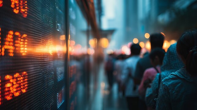 Vibrant stock ticker illuminates bustling city street with pedestrians for finance and investment concepts with modern urban feel and bokeh effect
