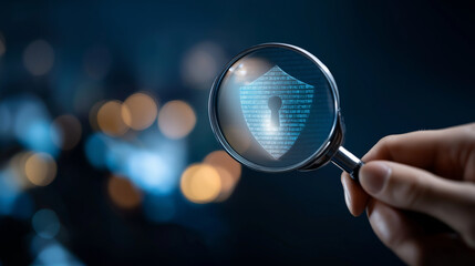 Cybersecurity and data protection concept with magnifying glass faceless digital lock shield focus defocused IT security background privacy protection interface cyber defense