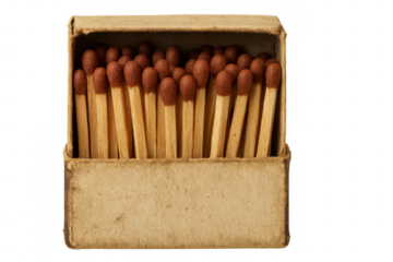 Box of wooden matches with reddish-brown heads, ready for lighting. Fire starting tool with a transparent background