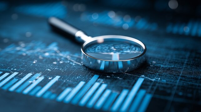 Analyze financial data with a magnifying glass and bar graph for smart business decisions and investment insights in a vibrant blue color palette