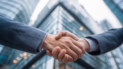 Seal the deal with a confident handshake in front of modern architecture, symbolizing partnership, success, and agreement for your next project