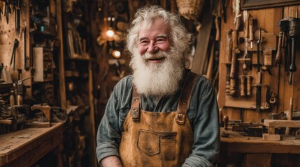 A skilled craftsman enjoys his time in a warmly lit workshop surrounded by wooden creations and tools.