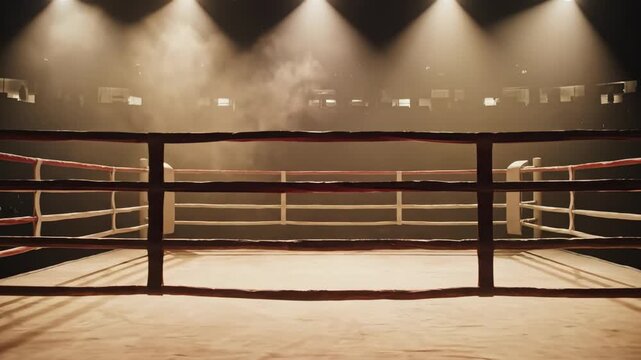 Empty boxing ring with dramatic light rays shining down, sports arena, fight concept.