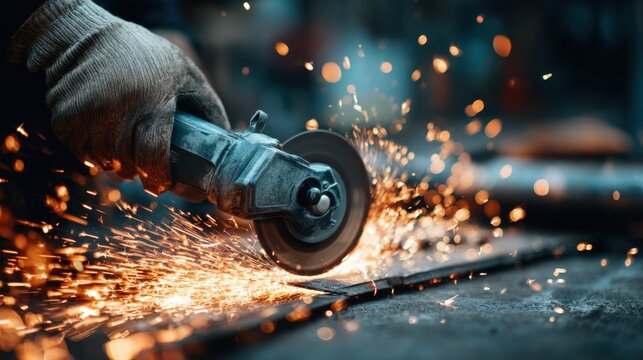 A craftsman skillfully grinds metal producing bright sparks in a busy workshop setting.