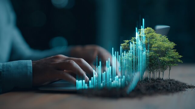 Sustainable business growth strategy with digital data analytics and vibrant green trees, capturing eco-friendly innovation and future success, modern design