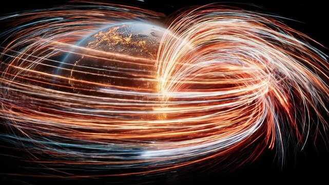 Conectividad Digital Global, Red Vibrante de Comunicaci&oacute;n Interconectada &ndash; vista cercana de la superficie terrestre con rayos de Internet ne&oacute;n