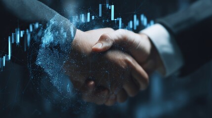Global business leaders shaking hands on international finance deal with futuristic digital world connection, a modern partnership for financial success
