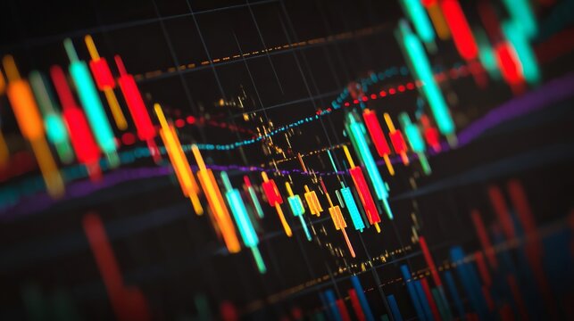 Analyze vibrant stock market data with dynamic financial trading charts for investment strategy and business analytics on a digital display