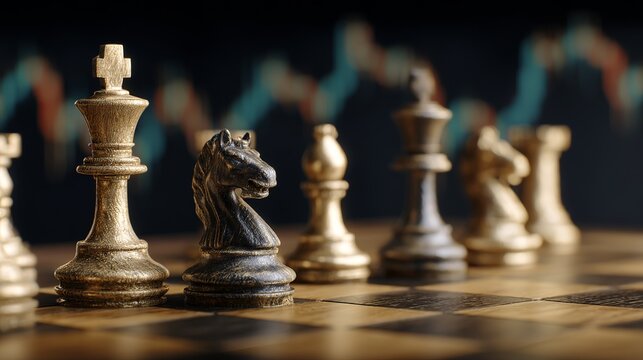 Strategic chess game on board, symbolizing business strategy, planning, and competitive advantage, set against a dynamic stock market backdrop