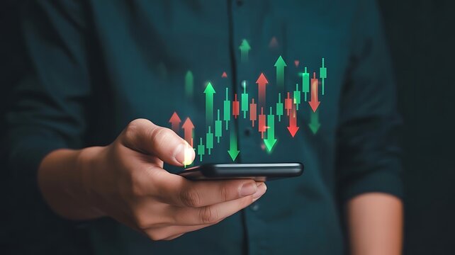 Online stock trading and algorithmic concept with digital financial candlestick growing up, Businessman trader investor analyst using smartphone analytics for financial market analysis. stock market