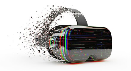 A dynamic, fragmented Virtual Reality Headset icon, composed of glowing RGB glitch patterns and pixel distortion, evoking a futuristic interface.