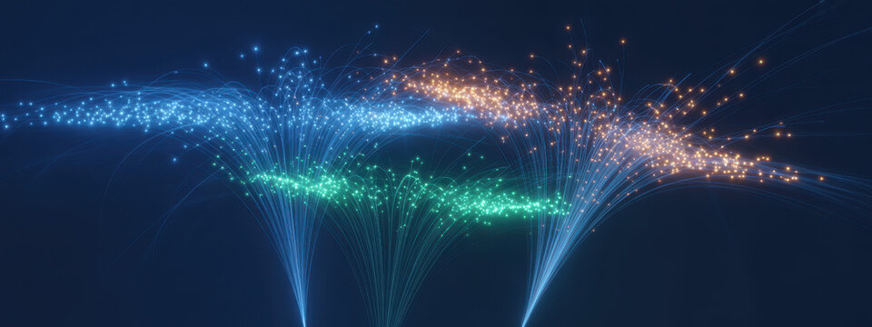 Abstract data streams in blue green and orange flowing energy lines for technology and science concepts on a dark background