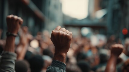 Passionate crowd raising fists in solidarity, fighting for equality and justice at a powerful protest, capturing social movement and activism