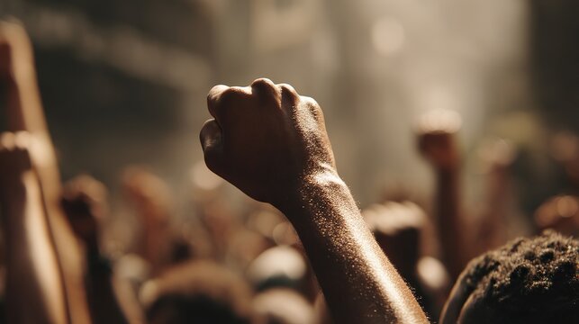 Powerful crowd raising fists in solidarity, a visual metaphor for resilience, unity, and collective action in challenging times, ideal for social campaigns
