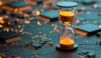 Hourglass with orange sand sits on computer circuit board. Represents time flow in modern technology world. Deadline, time pressure. Tech progress, microchips, digital components in hi tech industry.