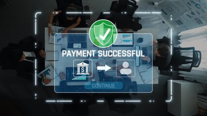 A digital interface shows a secure payment confirmation in a modern workspace, highlighting the successful transaction between a user and financial institution. Raster - Powered by Adobe