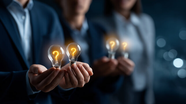 Faceless businessmen holding light bulbs with question mark icon defocused FAQ interface background problem and solution concept quiz system survey platform support knowledge - Powered by Adobe