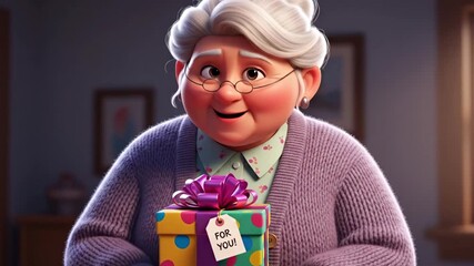 3D cartoon elderly woman holding colorful gift box indoors for celebration
